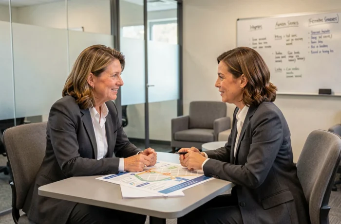 Femme en entretien avec un conseiller emploi analysant le plan de site d'une plateforme de recrutement