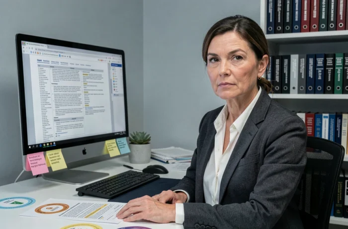 Conseillère juridique analysant des circulaires administratives sur son poste de travail institutionnel