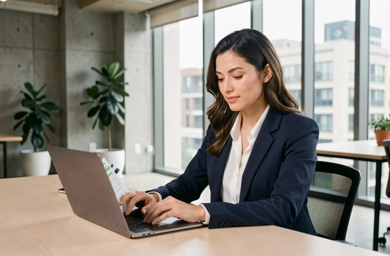 Conseillère immobilière d'une néo agence travaillant sur des annonces en ligne dans un espace de coworking moderne
