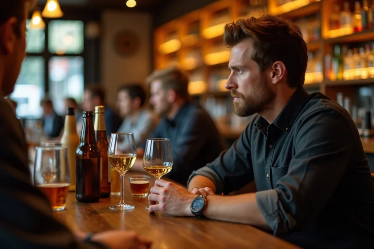 Homme assis au bar avec plusieurs verres d'alcool devant lui illustrant une consommation élevée d'alcool