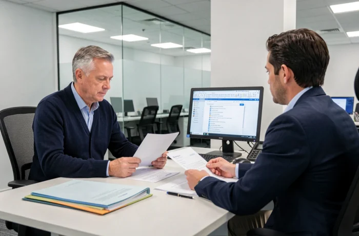 Homme consultant un expert CAF en agence pour transférer ses documents par mail