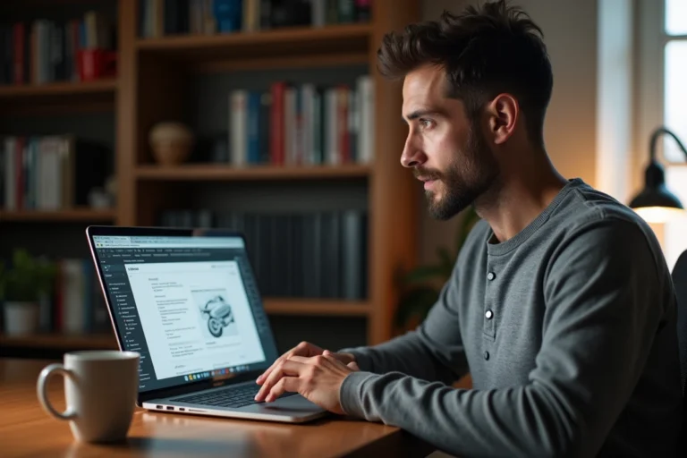 Homme consultant une revue technique automobile en PDF sur son ordinateur portable dans un bureau à domicile
