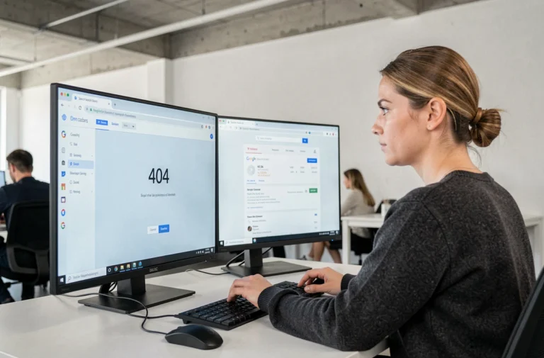 Développeuse web analysant une erreur 404 sur Google Search Console depuis son bureau professionnel