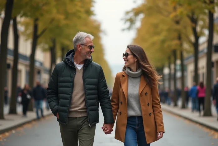 Couple dynamique se promenant ensemble dans un quartier animé de Paris, projets et complicité au quotidien