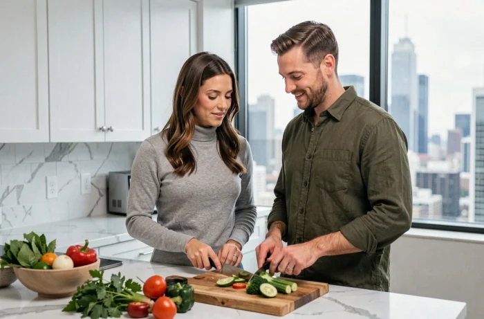 Couple préparant un repas ensemble dans une cuisine moderne avec vue sur la ville, ambiance domestique et naturelle