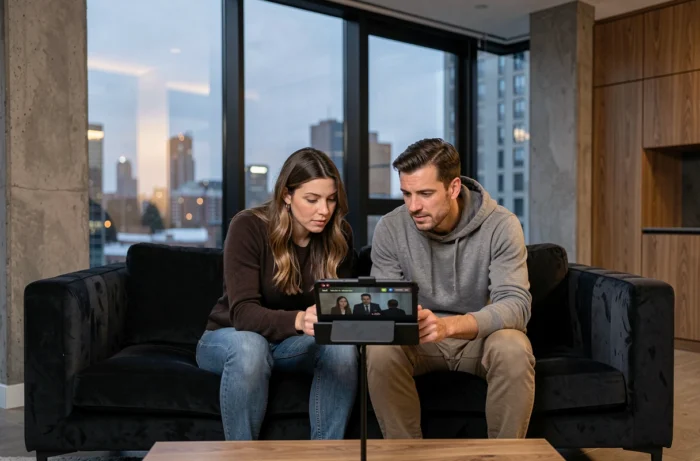 Couple regardant ensemble un documentaire en streaming sur une tablette dans un appartement moderne au crépuscule