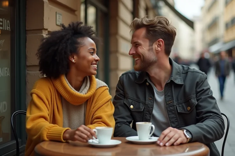 Couple souriant partageant un moment complice en terrasse de café parisien, ambiance détendue et chaleureuse