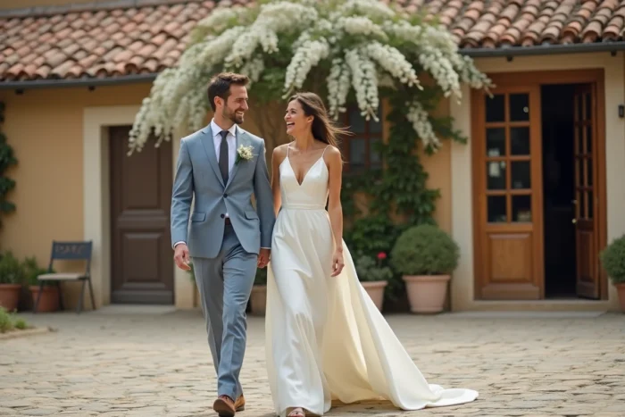 Couple de mariés souriant dans un village provençal en pierre, marié en costume lin bleu et mariée en robe minimaliste, tendances mariage élégantes