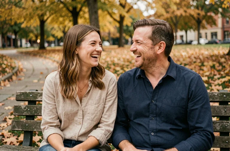Un couple complice partageant un moment de rire sur un banc de parc entouré de feuilles d'automne dorées