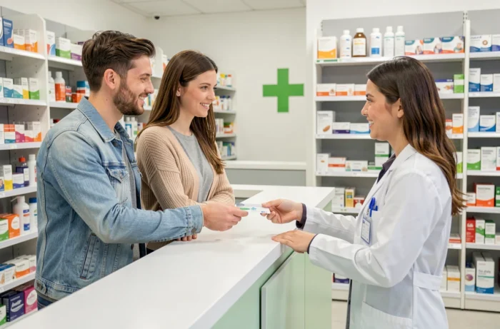 Couple utilisant leur carte de complémentaire santé à la pharmacie pour le remboursement des soins