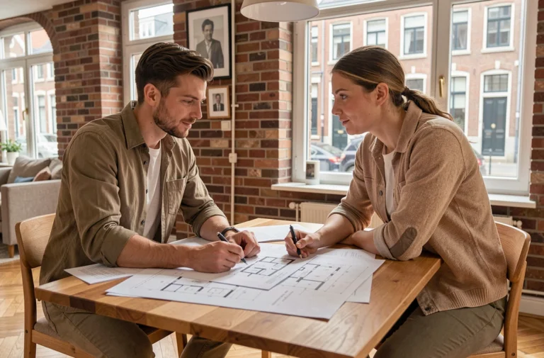 Couple belge étudiant des plans immobiliers et documents de projet dans un appartement contemporain à Bruxelles