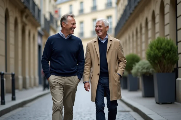 Deux hommes se promenant discrètement dans une rue pavée parisienne, évoquant la vie privée du compagnon de Stéphane Marie