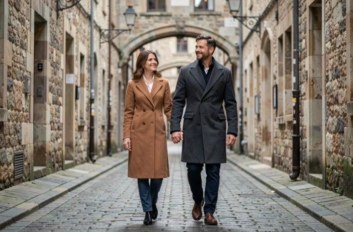 Couple se promenant main dans la main dans une vieille rue pavée européenne, vêtements en laine et atmosphère intimiste