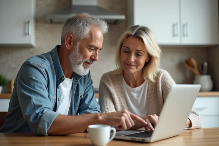 Couple réinitialisant ensemble un mot de passe oublié sur un portail immobilier en ligne depuis leur cuisine