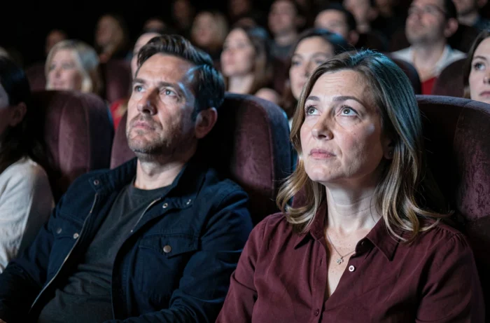 Couple absorbé par un film dans les fauteuils d'une salle de cinéma classique lors d'une soirée inoubliable