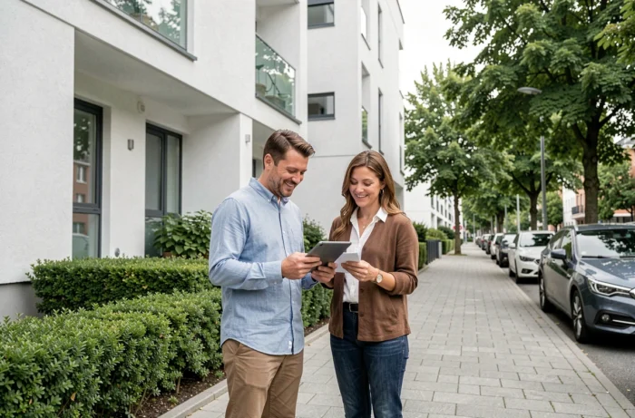 Couple visitant un bien immobilier avec un conseiller de néo agence via tablette numérique