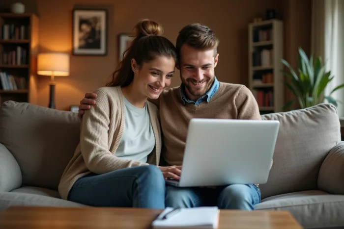 Couple parcourant ensemble une visite immersive 360 en ligne pour évaluer les tarifs et options lamaison360