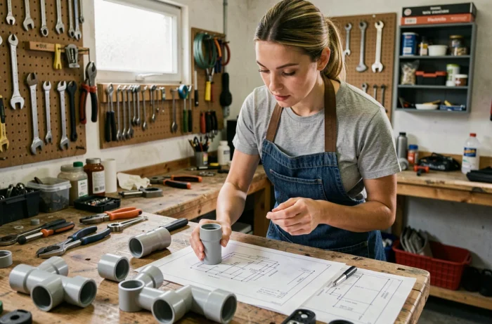 Femme débutante en plomberie étudiant des raccords PVC et des schémas de plomberie sur un établi de garage atelier