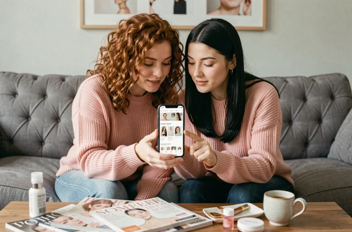 Deux femmes explorant ensemble le plan de navigation d'un site beauté sur smartphone