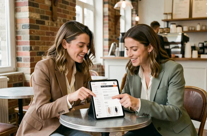 Deux femmes élégantes explorant ensemble le plan du site d'une boutique de mode sur une tablette dans un café parisien