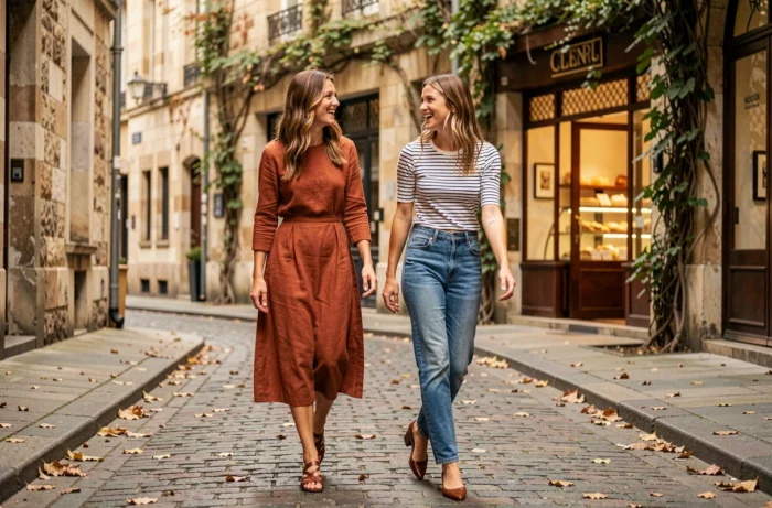 Deux femmes aux styles complémentaires marchant et riant dans une rue pavée d'un quartier européen historique en automne