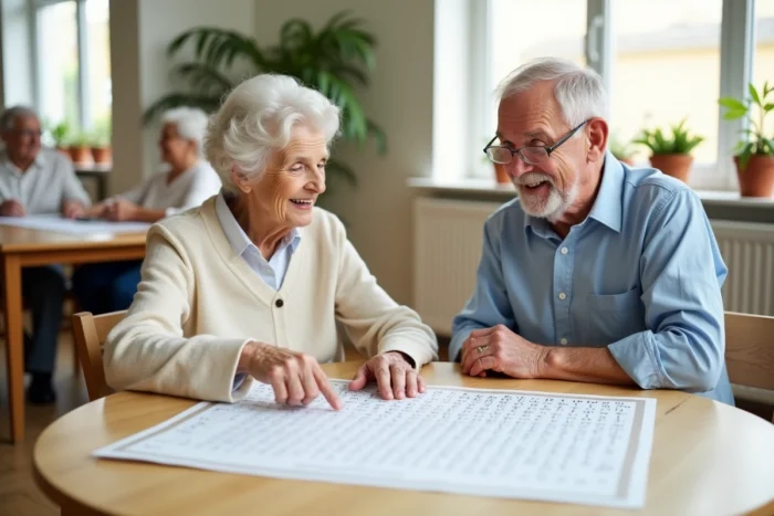 Deux seniors collaborant ensemble sur une grille de mots mêlés imprimée dans une salle d'activités d'une maison de retraite