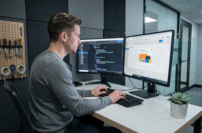 Développeur web d'une agence professionnelle travaillant sur l'optimisation SEO et la construction d'un site pour booster la visibilité d'une entreprise