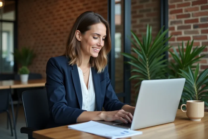 Dirigeante de petite entreprise analysant une solution B2B innovante sur son ordinateur portable dans un bureau moderne