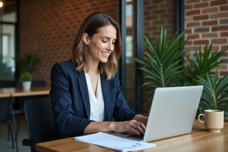 Dirigeante de petite entreprise analysant une solution B2B innovante sur son ordinateur portable dans un bureau moderne