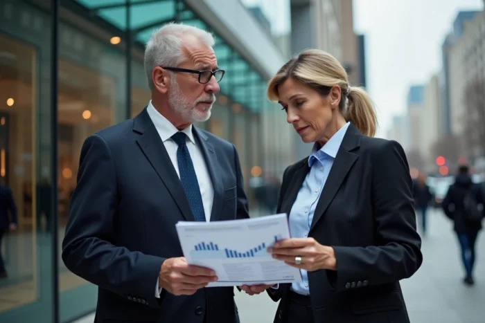 Deux dirigeants d'entreprise discutant du rapport sur l'indice de confiance Dirvox devant un immeuble du quartier financier