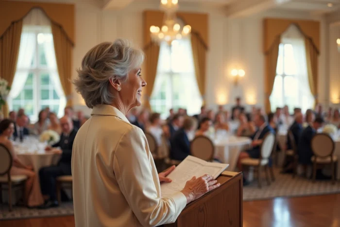 Mère du marié au podium lors d'un discours de mariage dans une grande salle de réception élégante devant les invités