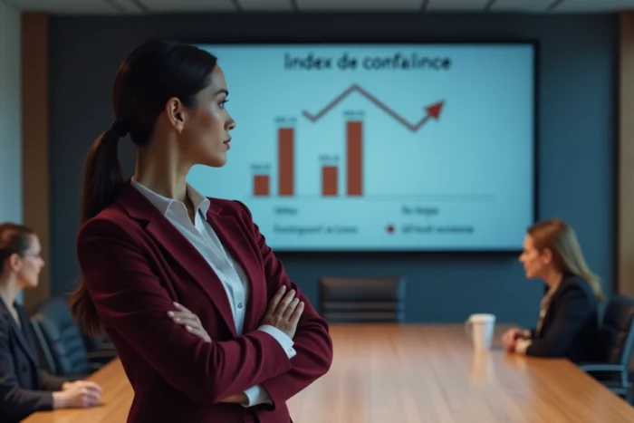 Économiste présentant une analyse de la baisse de l'indice de confiance Dirvox lors d'une réunion professionnelle