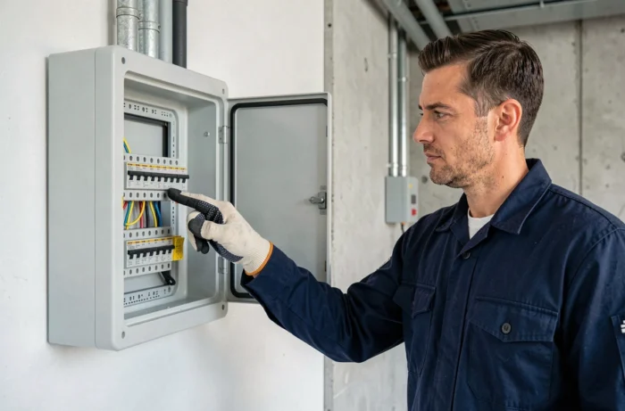 Électricien professionnel inspectant un tableau électrique résidentiel ouvert dans une salle technique moderne