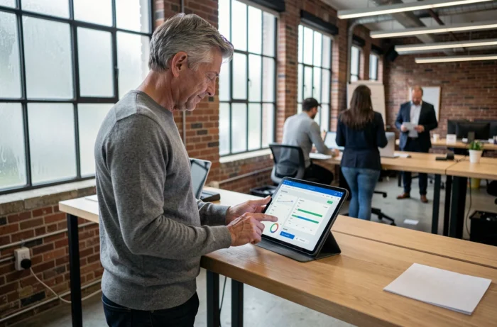 Entrepreneur debout utilisant une application de gestion budgétaire sur tablette dans un espace de coworking