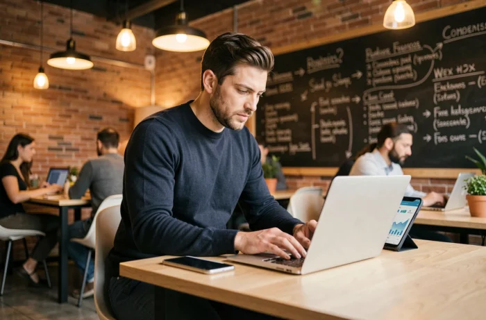 Entrepreneur travaillant sur son ordinateur portable dans un espace de coworking moderne pour suivre les tendances business 2024