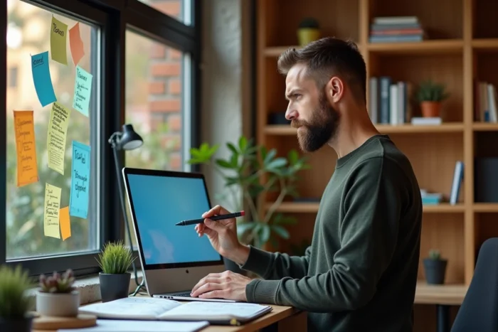 Entrepreneur masculin élaborant une stratégie de marketing digital dans un bureau à domicile avec tableau de notes