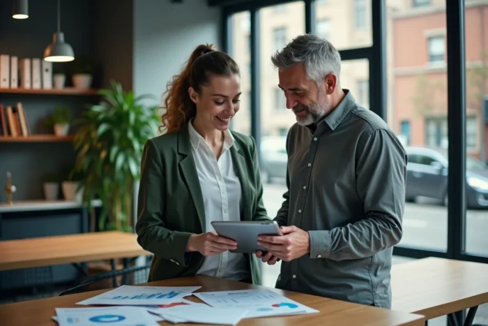Deux entrepreneurs collaborant sur des métriques de croissance B2B dans un espace de coworking dynamique