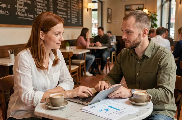 Deux entrepreneurs collaborant sur des rapports financiers imprimés et un ordinateur portable dans un café urbain