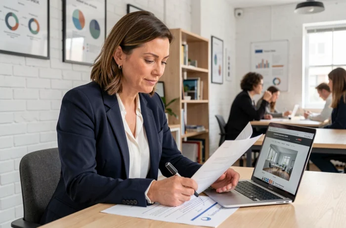 Entrepreneuse consultant une stratégie de marketing digital avec une agence web pour améliorer la visibilité de son entreprise