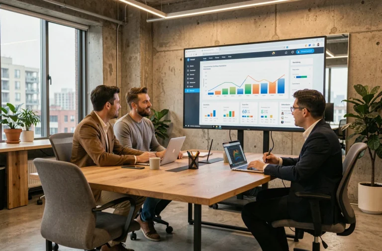 Équipe d'une agence web professionnelle analysant les performances et la visibilité en ligne d'une entreprise cliente sur un tableau de bord analytique