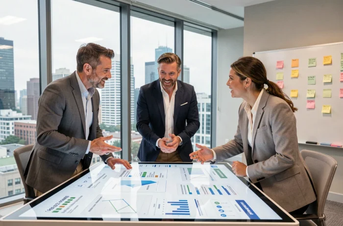 Équipe de professionnels analysant les tendances du numérique et du web sur une table tactile en salle de réunion