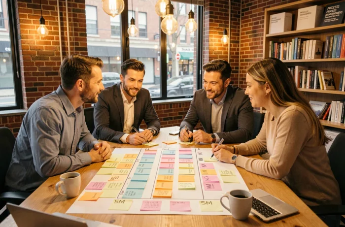 Équipe de professionnels en atelier collaboratif utilisant des post-its pour appliquer la méthode des 5M et résoudre un problème en entreprise