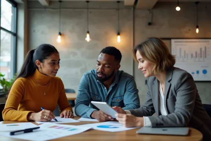 Équipe de professionnels du marketing digital collaborant autour de rapports de campagne dans un espace de coworking