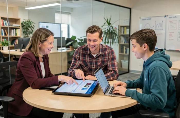 Équipe multiculturelle collaborant autour d'une tablette tactile pour analyser des tendances digitales en salle de réunion