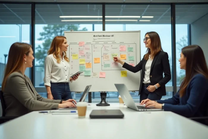 Équipe de community management en séance de brainstorming autour d'un tableau blanc avec calendrier éditorial