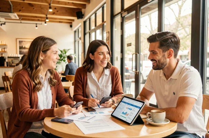 Équipe de jeunes entrepreneurs collaborant sur des stratégies de marketing digital autour d'une table de café