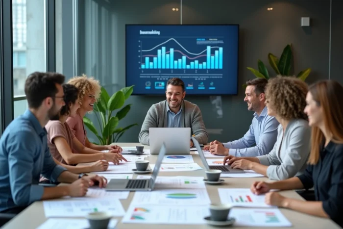 Équipe marketing multiculturelle discutant des tendances et actualités du marketing digital 2024 autour d'une table de réunion moderne