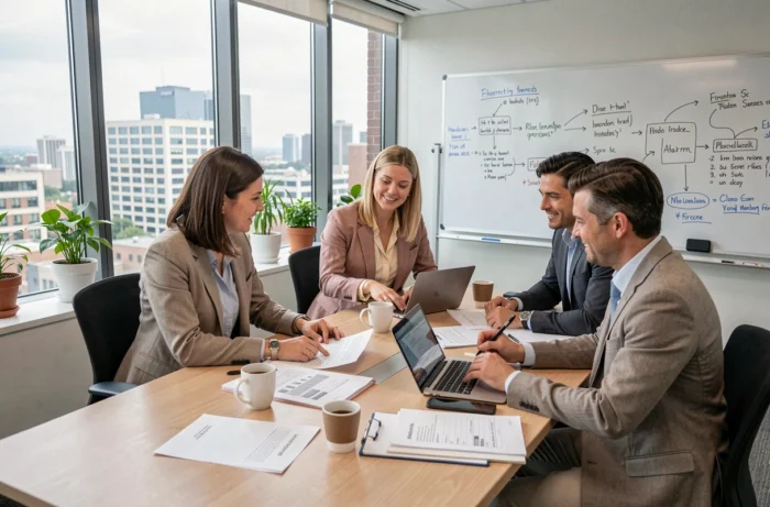 Équipe pluridisciplinaire de fonctionnaires collaborant à la rédaction de circulaires administratives en salle de réunion