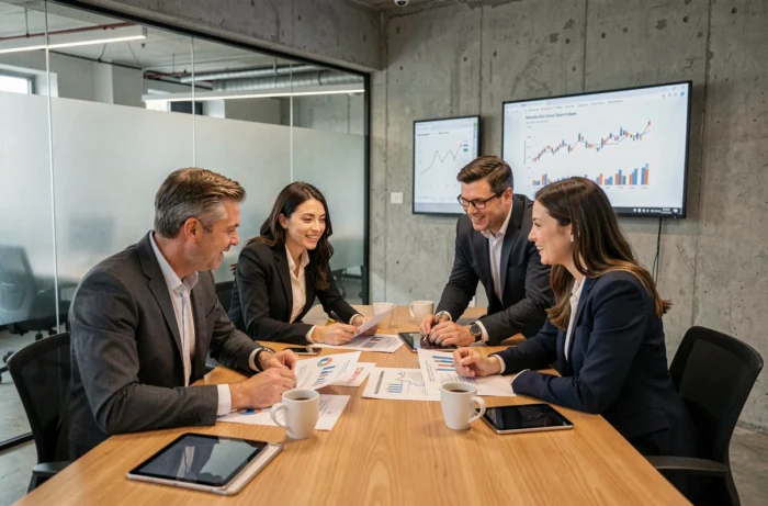 Équipe de professionnels en réunion stratégique autour d'une table de conférence analysant les tendances du marché 2024