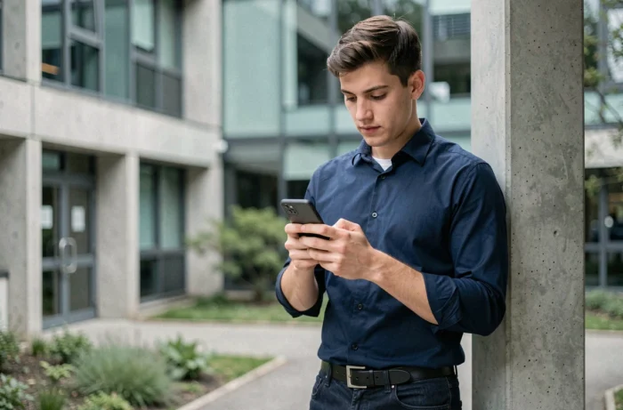 Étudiant vérifiant une authentification sécurisée sur smartphone devant le campus de Sciences Po Bordeaux